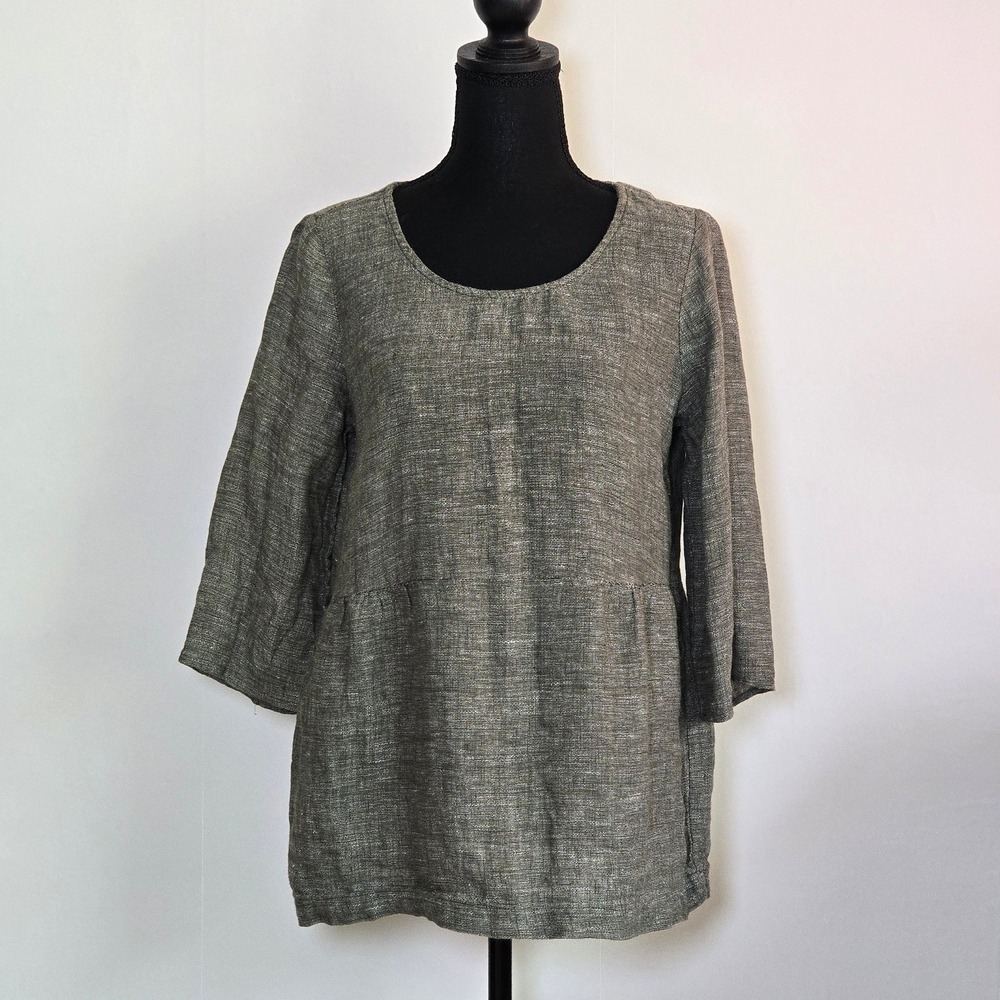 Pure Jill Gray Linen Blend Peplum Tunic Top Small 3/4 Sleeve Casual Boho beach